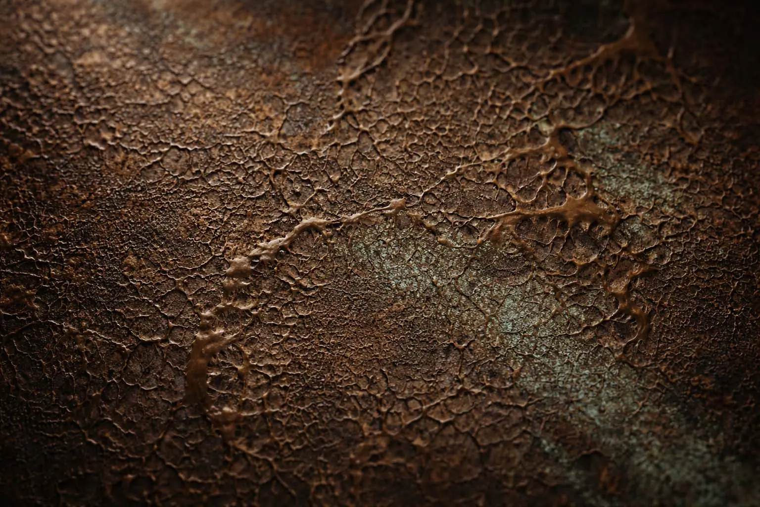 Four-panel composition: leather texture, gold bar interior, patina copper surface, architectural staircase